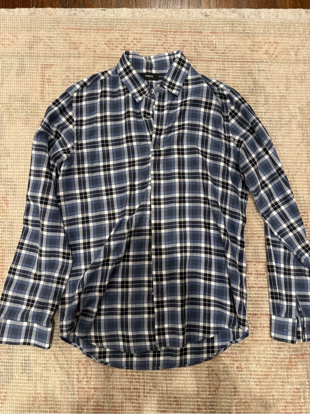 Theory Men's Navy and White Plaid Button-Down Shirt
